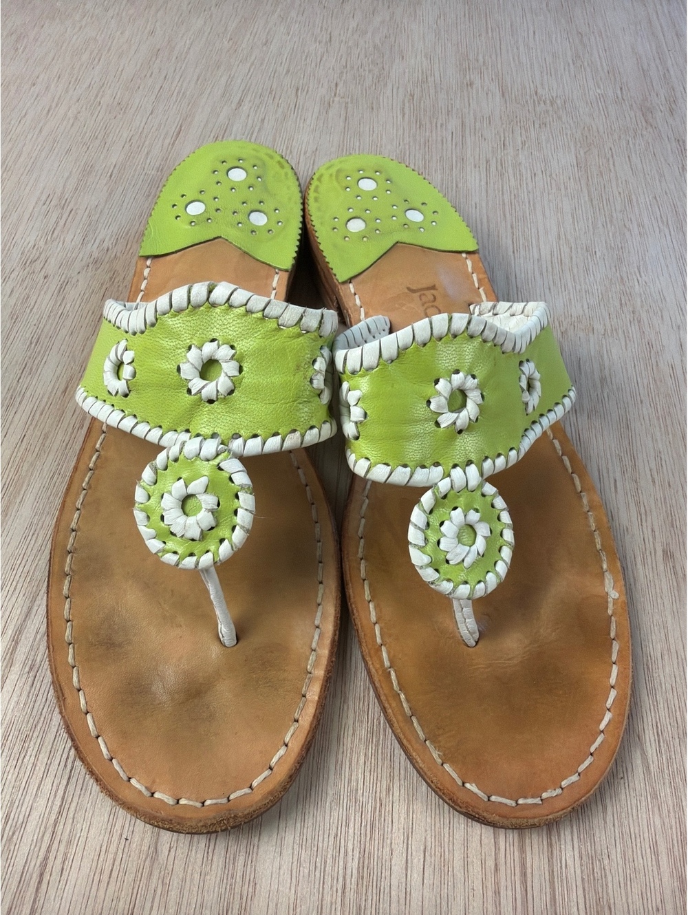 Jack Rogers Original Jacks Flat Leather Thong Sandal Lime Green White sz 8 GUC
